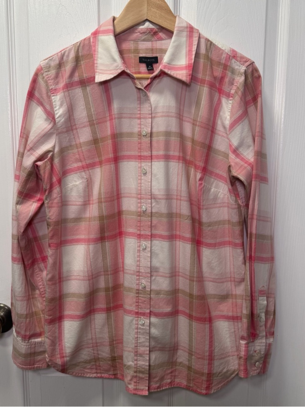Talbots Pink Plaid Button-Down Shirt, Size Medium, 100% Cotton, Long Sleeve